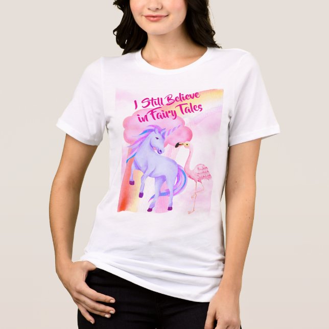 Camiseta Triblenda Believe in Fairytales Unicorn Rainbow Flamingo (Anverso)