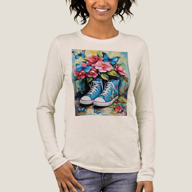 Camiseta Triblenda Blue Floral Lace Up Hightop Sneakers & Butterflies (Anverso)