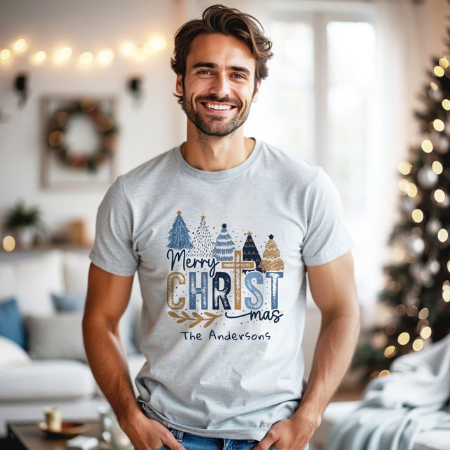 Camiseta Triblenda Blue Modern Trees Christian Jesús Navidades Nombre (Blue Modern Trees Christian Jesus Christmas Name Tri-Blend Shirt)