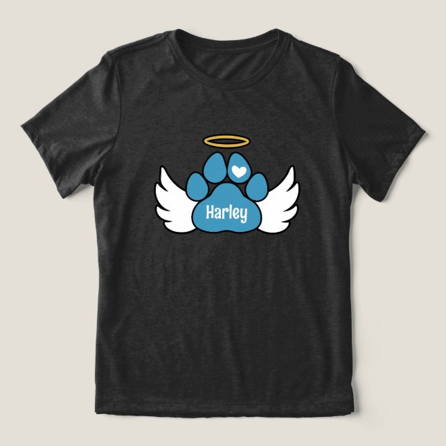 Camiseta Triblenda Blue Paw Angel Wings Añadir Nombre Memorial Perro (Diseño delantero )