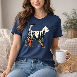 Camiseta Triblenda Boho Cat Plants Floral Nature Tee for Cat Lovers 