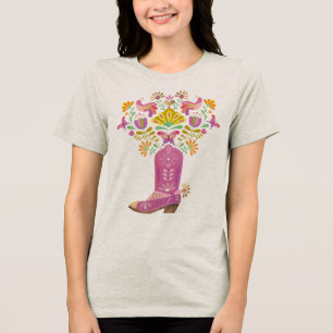 Camiseta Triblenda Bota de Cowboy rosa rebosante de flora y fauna