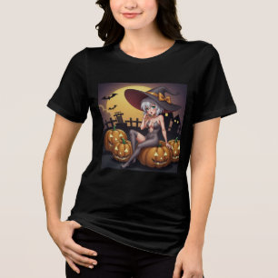 Camiseta Triblenda Bruja de Halloween con Ojo Verde en Jack-O-Lantern