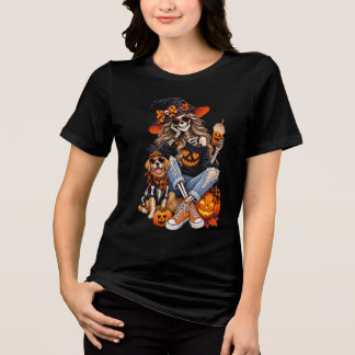 Camiseta Triblenda Bruja Esqueleto Niña con Perro Halloween