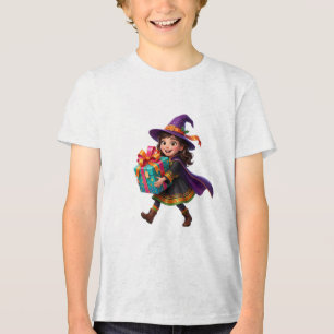 Camiseta Triblenda Bruja Mágica Entregando Regalos Fantasía de Hallow