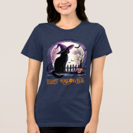 Camiseta Triblenda Bruja negra de gato y murciélagos de Halloween