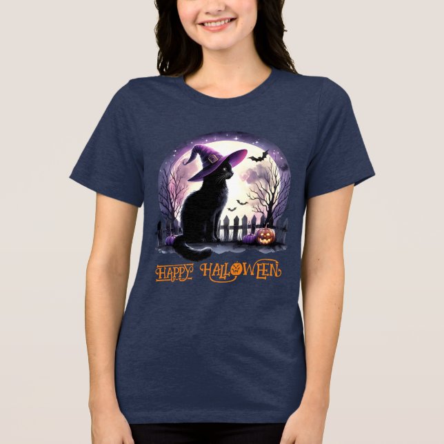 Camiseta Triblenda Bruja negra de gato y murciélagos de Halloween (Anverso)