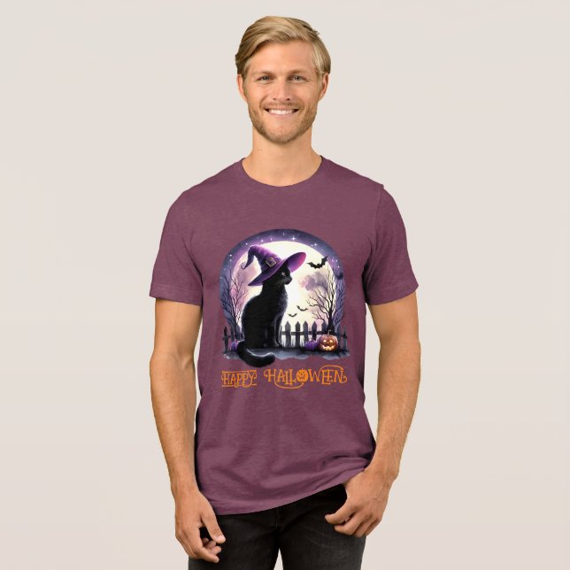 Camiseta Triblenda Bruja negra de gato y murciélagos de Halloween (Anverso Completa)