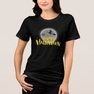 Camiseta Triblenda Bruja volando sobre luna llena feliz Halloween