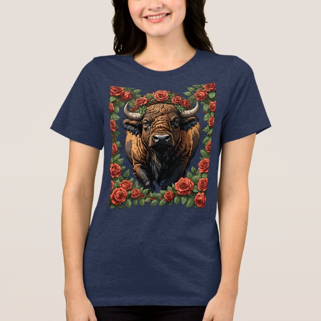 Camiseta Triblenda Búfalo Rodeado De Rosas Rojas (Anverso)