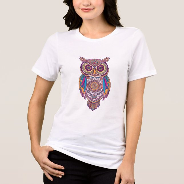 Camiseta Triblenda Búho Mandala — Sabiduría Colorida (Anverso)