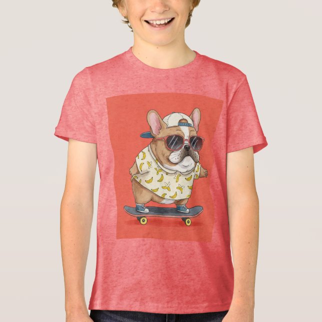 Camiseta Triblenda Bulldog francés en una tabla de patinaje, por Nata (Anverso)