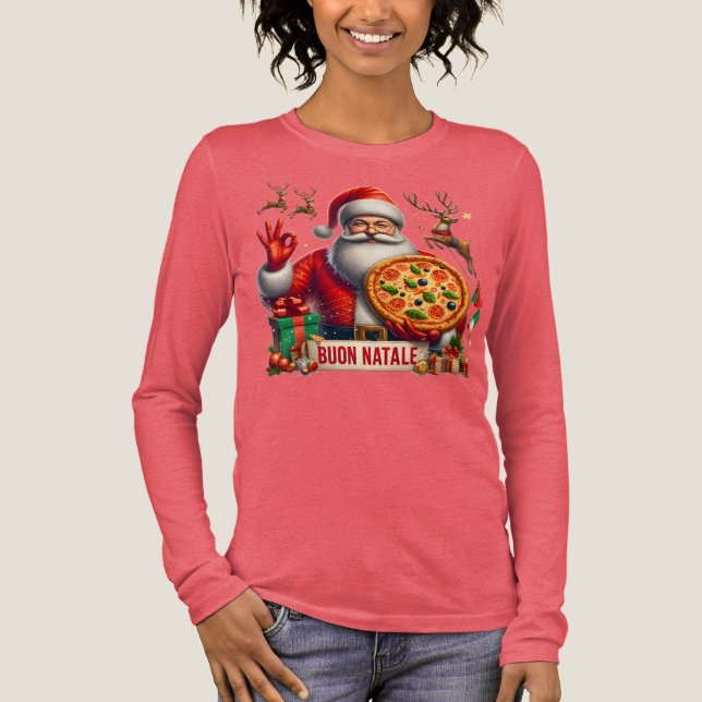 Camiseta Triblenda Buon Natale Italian Santa with Pizza & Reindeer  (Anverso)