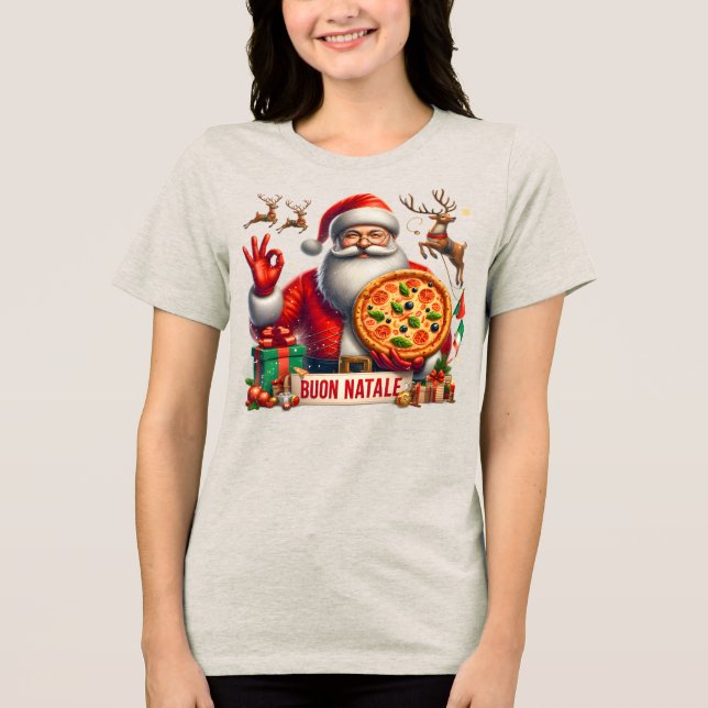 Camiseta Triblenda Buon Natale Italian Santa with Pizza & Reindeer  (Anverso)