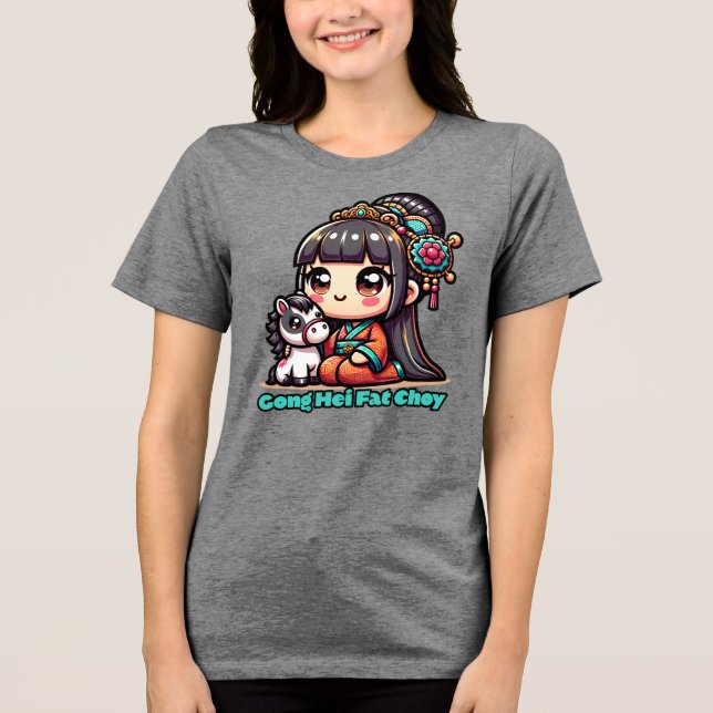 Camiseta Triblenda Caballo y Chica del Año Nuevo chino Kawaii (Anverso)