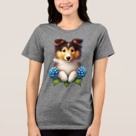 Camiseta Triblenda Cachorro adorable con flores azules
