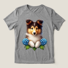 Camiseta Triblenda Cachorro adorable con flores azules