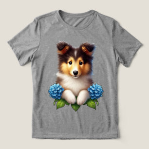 Camiseta Triblenda Cachorro adorable con flores azules