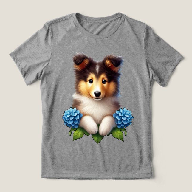 Camiseta Triblenda Cachorro adorable con flores azules (Diseño delantero )