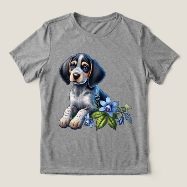 Camiseta Triblenda Cachorro de garrapatas azules con flores azules de (Diseño delantero )