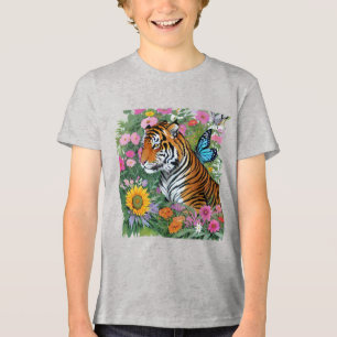 Camiseta Triblenda Cachorro de Tigre Con Mariposa Azul y Flores
