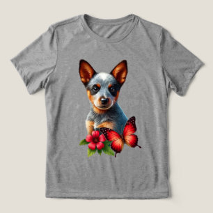 Camiseta Triblenda Cachorro Heeler Adorable con Mariposa y Flor