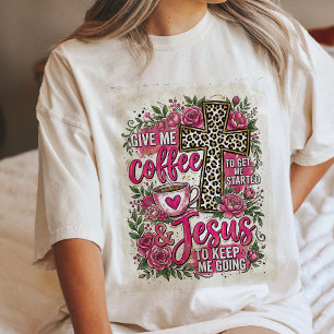 Camiseta Triblenda Café y Jesús Cita Cruz Floral Rosa Leopardo