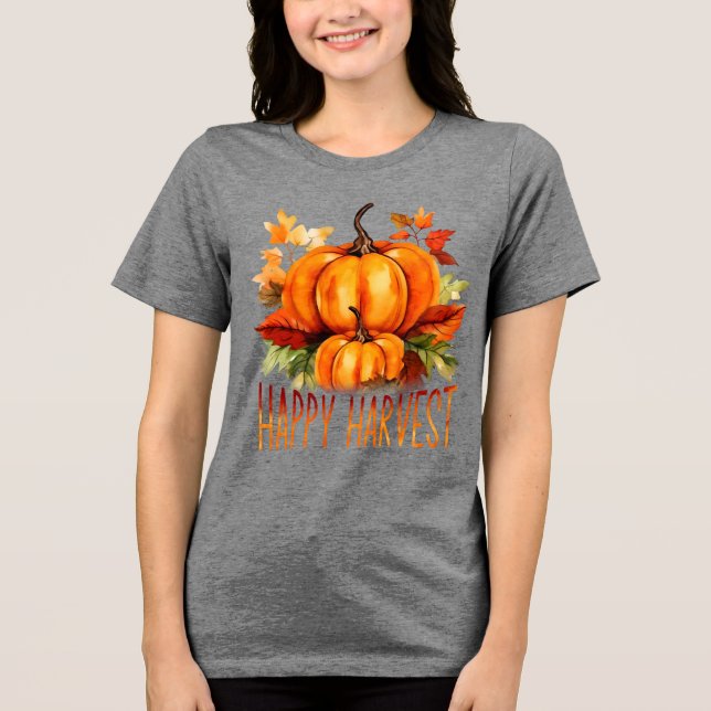 Camiseta Triblenda Calabaza acuática "Happy Harvest" y hojas de otoño (Anverso)