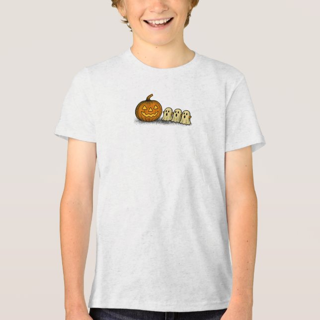 Camiseta Triblenda Calabaza juguetona con tres fantasmas fantasmales (Anverso)