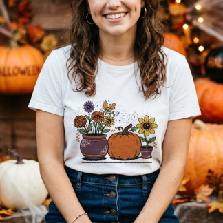 Camiseta Triblenda Calabaza linda con flores coloridas, plantas en ma