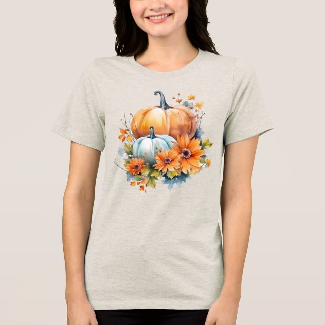 Camiseta Triblenda Calabazas otoñales con flores y follaje (Anverso)
