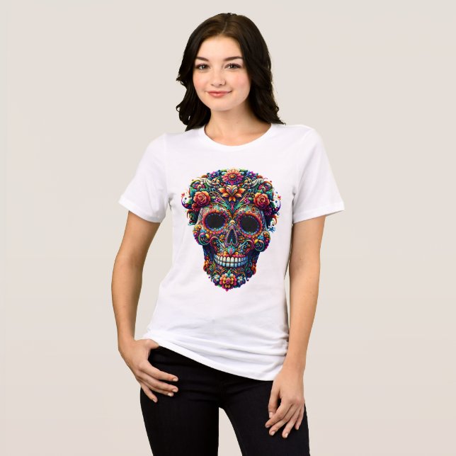 Camiseta Triblenda Calavera de azúcar floral vibrante (Anverso Completo)