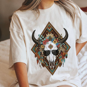 Camiseta Triblenda Calavera de toro boho con flores y gafas de sol