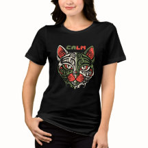 Calm Cat Tribal Art – Red & Green Zen Cat Face