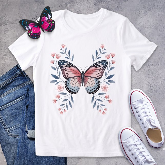 Camiseta Triblenda Camisas florales Rubor de mariposa rosa y azul (Subido por el creador)