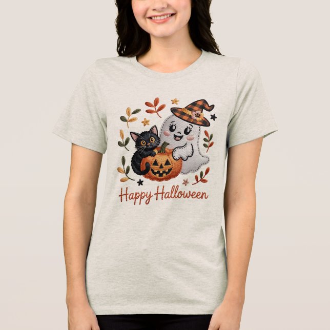 Camiseta Triblenda Camiseta Cute Halloween - Brillante Bordado (Anverso)
