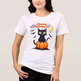 Camiseta Triblenda Camiseta de Halloween feliz gato negro