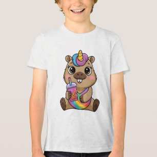 Camiseta Triblenda Capybara Unicorn Flotador Disfrutando de Bubble Te