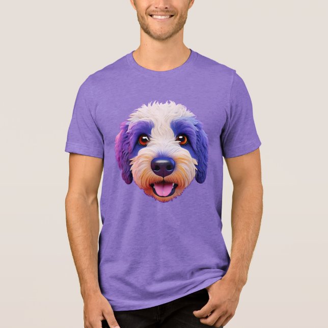 Camiseta Triblenda Cara feliz de Sheepadoodle manchada púrpura (Anverso)