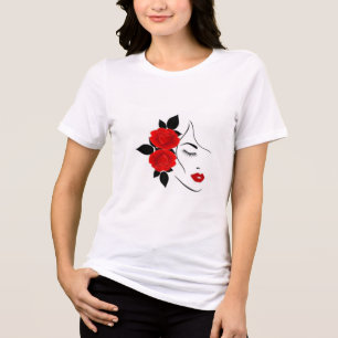 Camiseta Triblenda Cara femenina atractiva con marca Rosa blanca