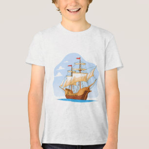 Camiseta Triblenda Cartoon Galleon Sailing on Blue Water