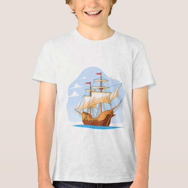 Camiseta Triblenda Cartoon Galleon Sailing on Blue Water (Anverso)
