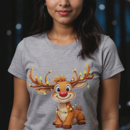 Camiseta Triblenda Cartoon reindeer with red nose and lights