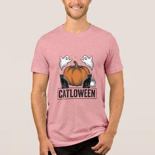 Camiseta Triblenda Catloween Gato Negro Fantasma Diseño Vectorial de