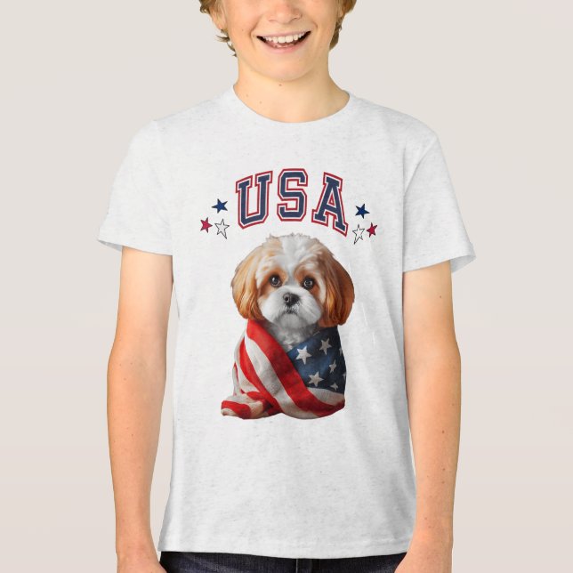 Camiseta Triblenda Cavachon Dog Usa America Patriotic Flag Memorial,  (Anverso)