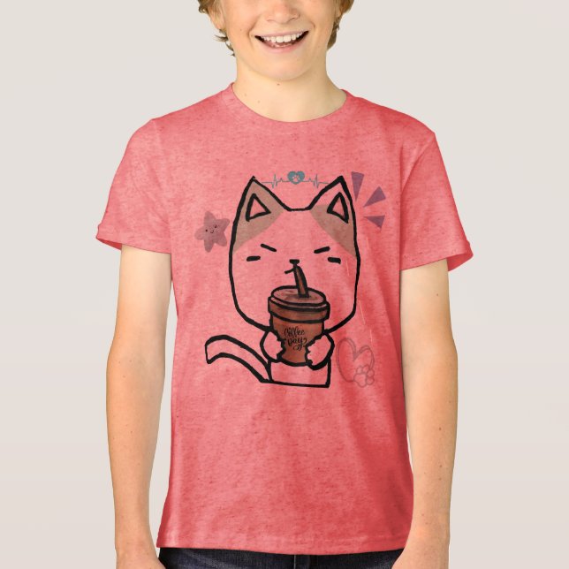 Camiseta Triblenda Cawaii Funny cat with coffee Cute Cat anime style (Anverso)