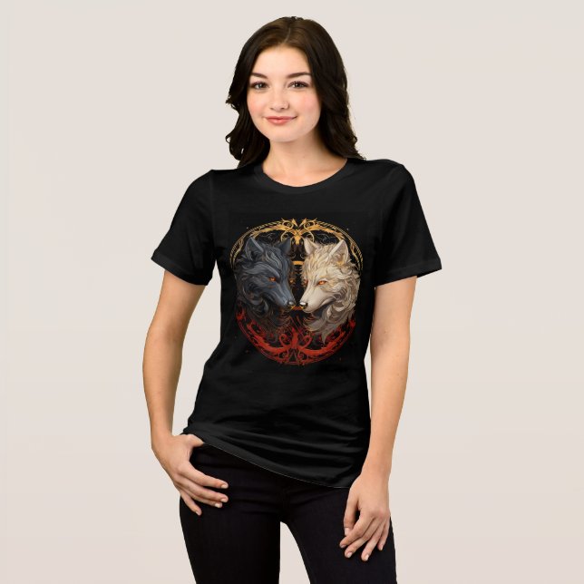 Camiseta Triblenda Celestial Wolves – Gold & Fire Spirit Design (Anverso Completo)