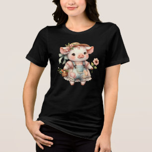 Camiseta Triblenda Cerdito Pastel Adorable en Overoles Cottagecore