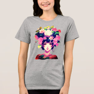 Camiseta Triblenda Chica de Anime Coronada con Flores de Loto