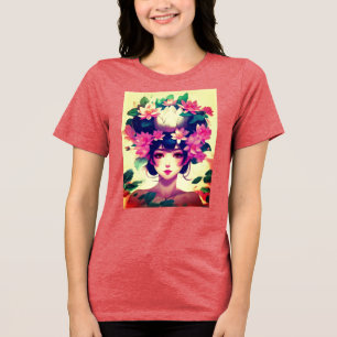 Camiseta Triblenda Chica de Anime Coronada con Flores de Loto